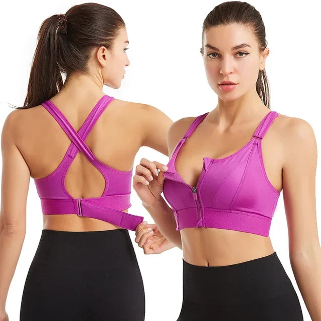 Sports Bra  Crop Top Adjustable Belt Zipper Yoga Running Bras Push Up Vest Shockproof