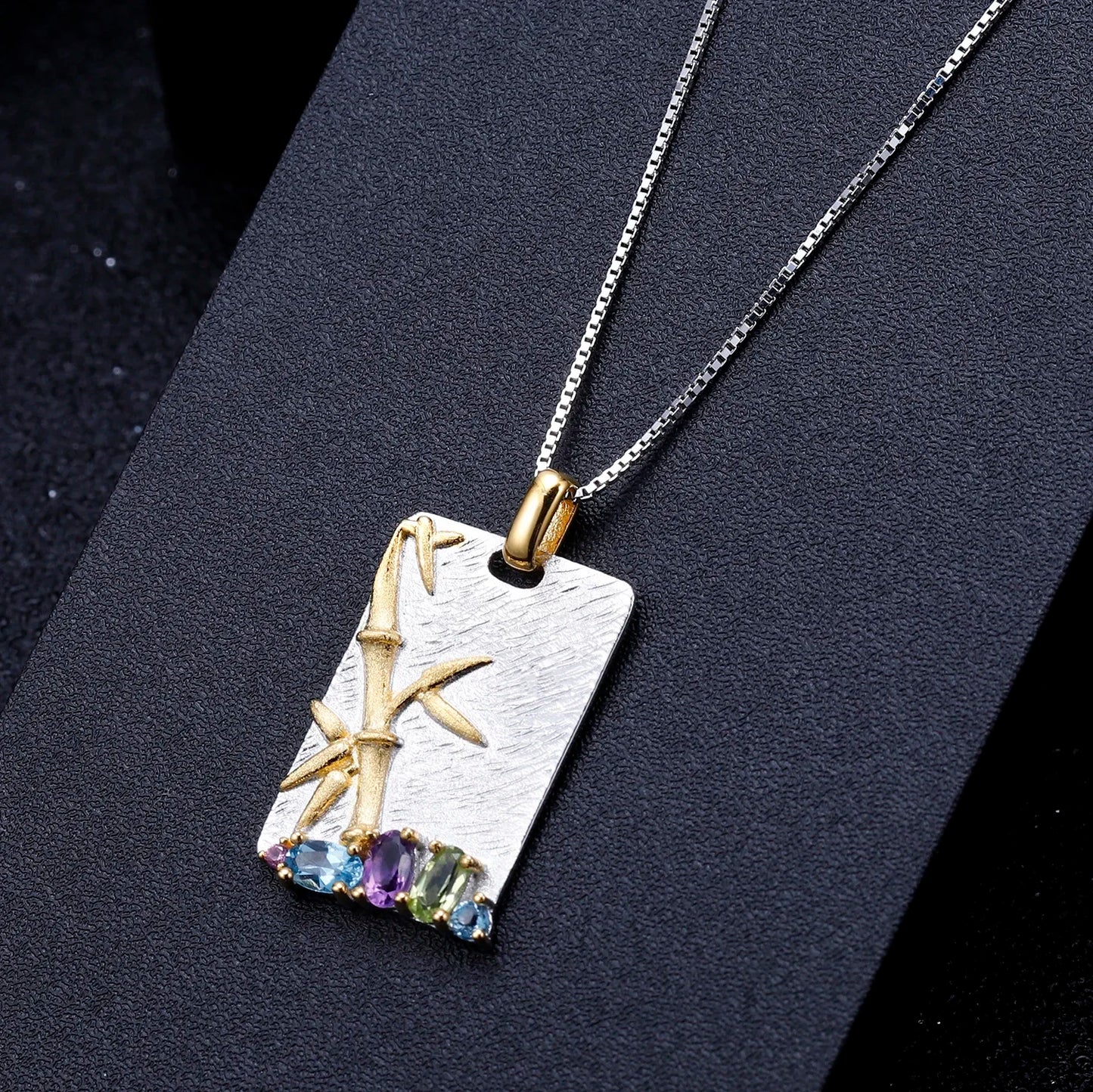 Natural Topaz Amethyst Peridot Fine Jewelry 925 Sterling Silver Handmade Bamboo Pendant Necklace