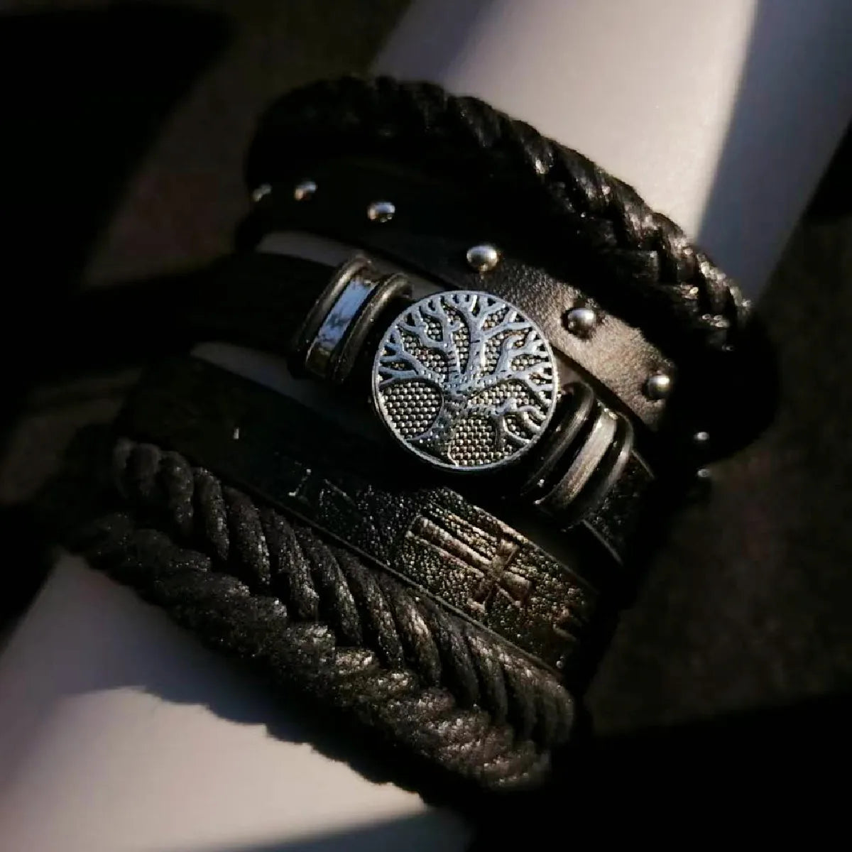 Casual Bead 6 Pc/set Tree Black Khaki Handmade Men Bracelets Male Women Leather Bracelets Men Bangle