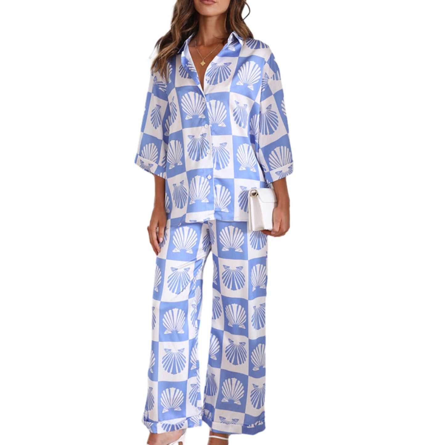 Women’s 2 Piece Pajamas Set Cute Seashell Print 3 /4 Sleeve Button Up Shirt Pants Set Loungewear