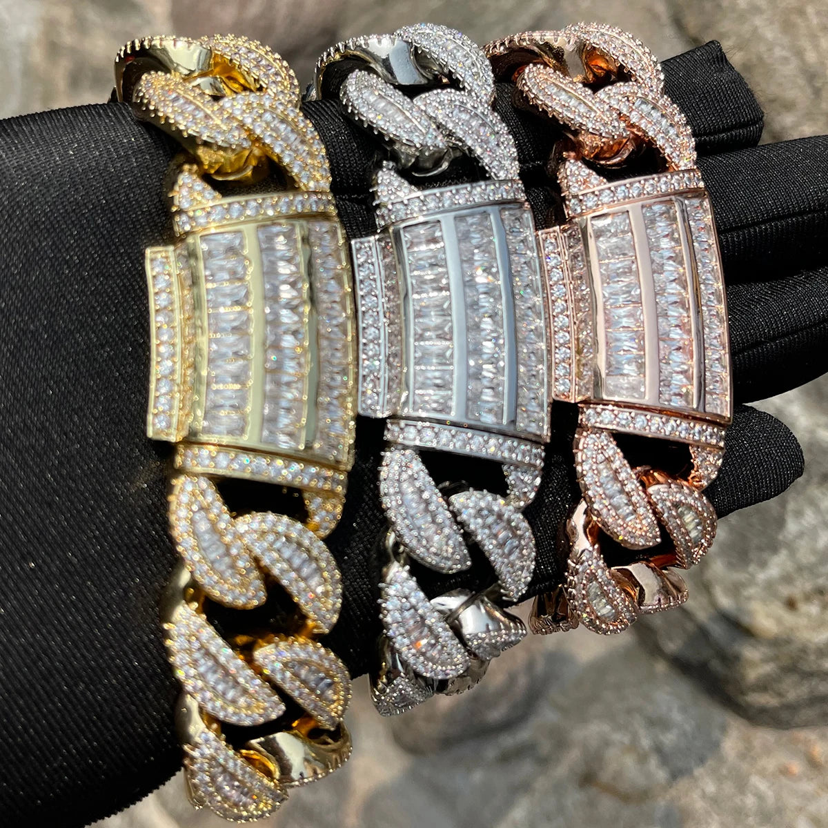 Bubble Letter Baguette Cuban Link Bracelet for Men Iced Out Prong Setting Necklace Choker