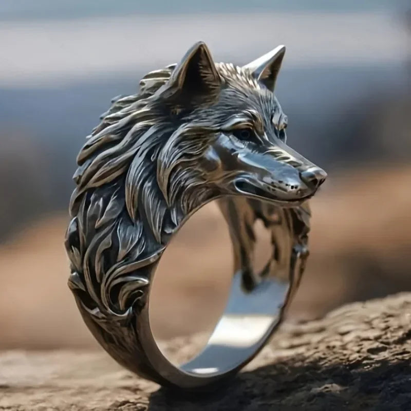 Vintage wolf head men trend animal exaggerated domineering personality open ring jewelry