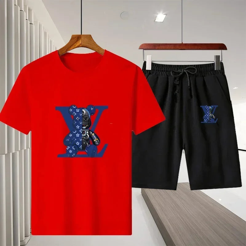 Men's short-sleeved T-shirt sportswear set, summer casual outdoor fashion men's round-neck top + Shorts 2-piece set