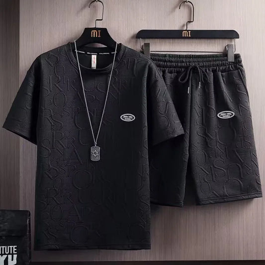 Men's sets Waffle Summer Casual T shirt  + Shorts Suit basketball Tracksuit Letter print Solid color tracksuit loose suit