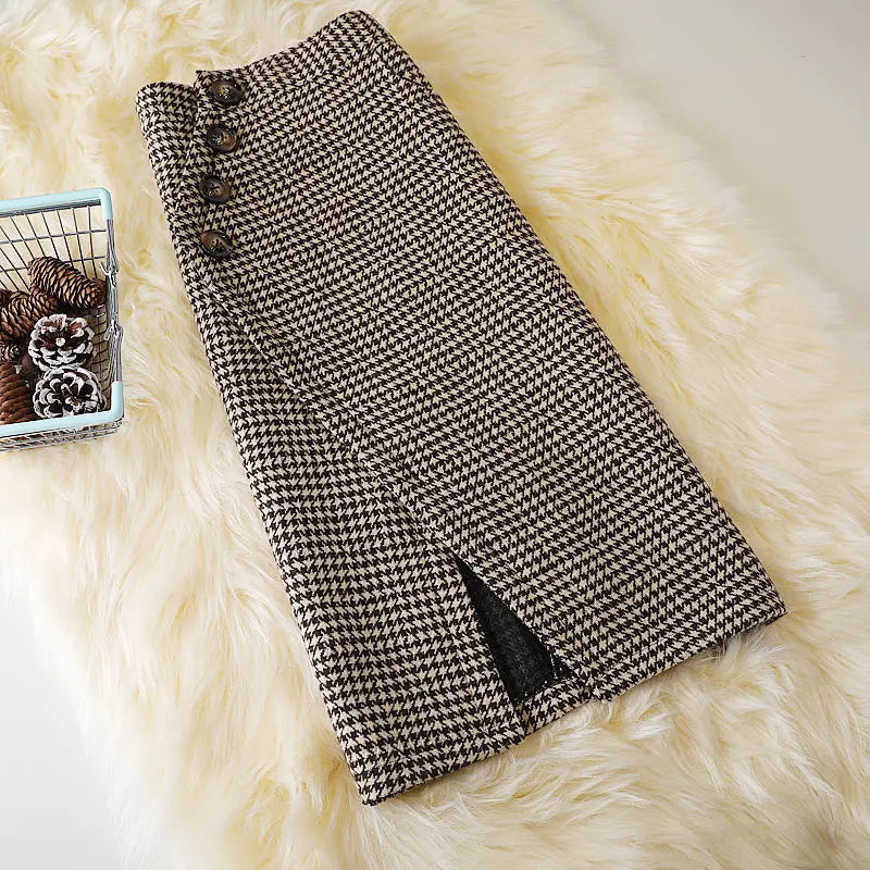 Woolen Skirt High Waist Package Hip Skirt Houndstooth Plaid Long