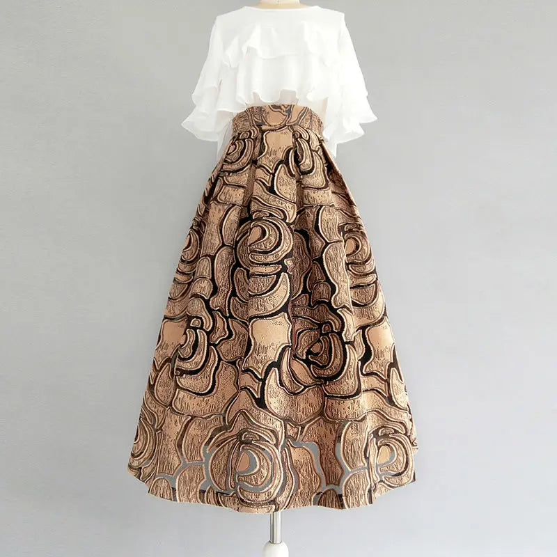 Zipper Spliced Gauze Folds Vintage Skirt Loose Office  High Waist
