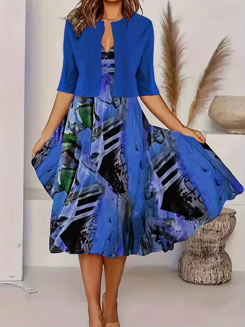 Europe and United States  women's dress two-piece floral and geometric print dress leisure holiday women's wear