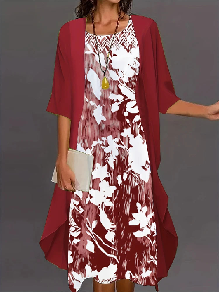 Plus Size Women's Floral Printed Long Dress Printed Pattern Two-piece Dress Round Neck  Elegant Dress