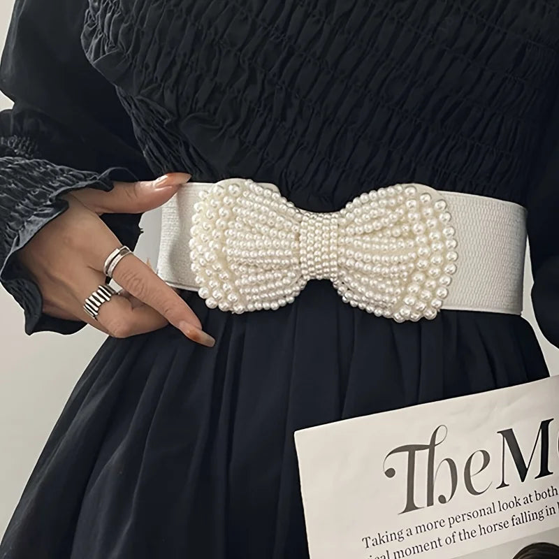Women's Elastic Wide Belt Pearl Waist Cover Versatile Dress Decoration High Quality Wide Pearl Bow