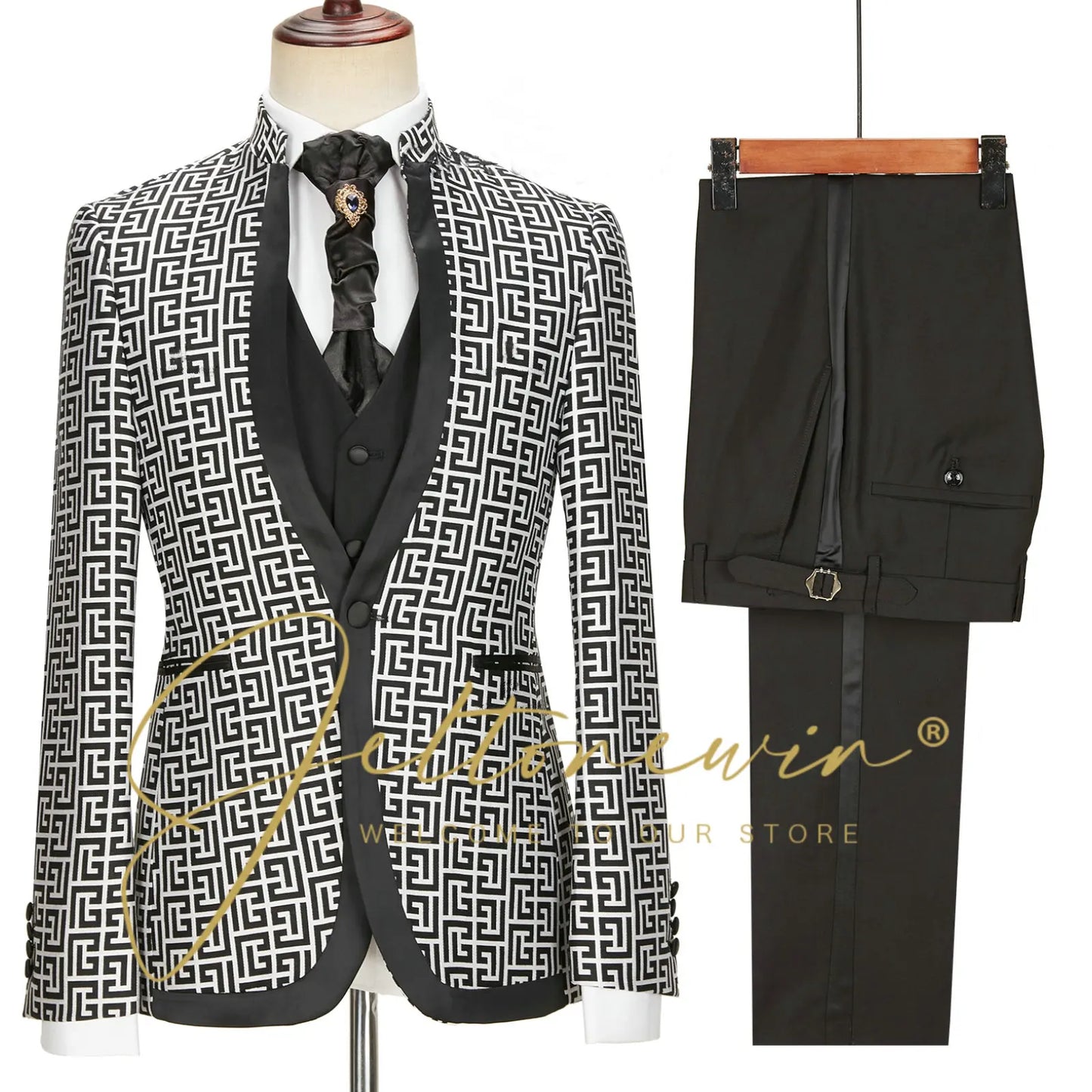 Latest Designs Men's Suits Shawl Lapel Groom Tuxedos Slim Fit Terno Prom Party 3 Pieces Set