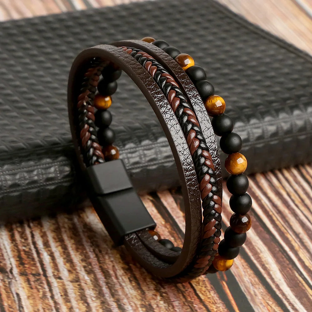 Hot Fashion Beads Leather Bracelet Men Classic Tiger Eye Beaded Multi Layer Leather Bracelet For Men Jewelry