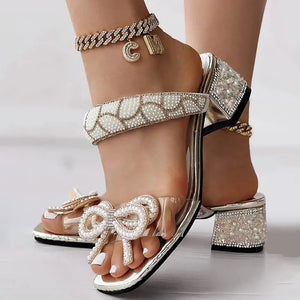 Diamond Bow Sandals And Slippers For Women Thick Heeled Sandals Slippers Large Size  For Women Sexy