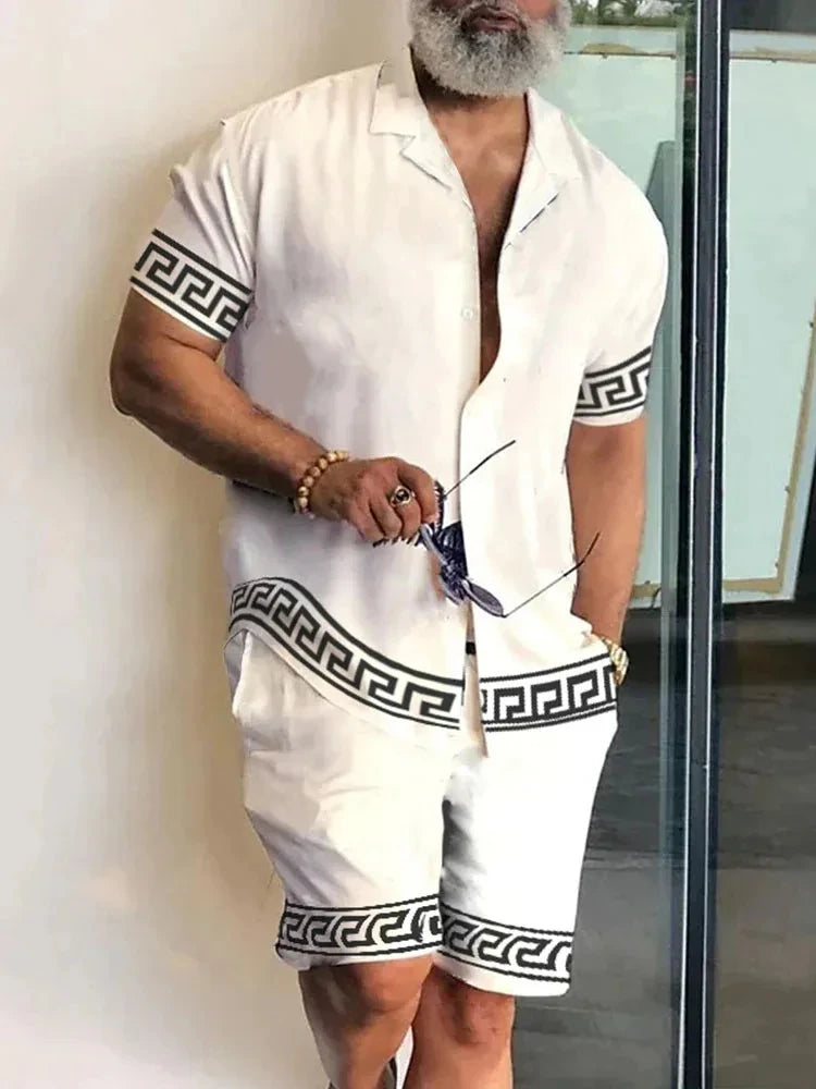 Summer Men's Temperament Shirt Set Men's Hawaii Vacation Short Sleeve Top Drawstring Shorts 2 Pcs Boutique