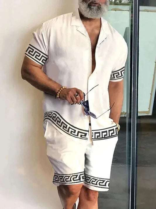 Summer Men's Temperament Shirt Set Men's Hawaii Vacation Short Sleeve Top Drawstring Shorts 2 Pcs Boutique