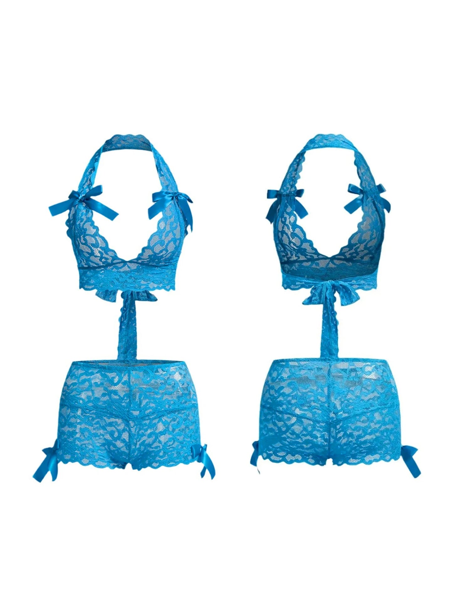 Seductive Lace Lingerie Set with Halter Neck Top and Matching Shorts for Women - Floral Lace Sleeveless