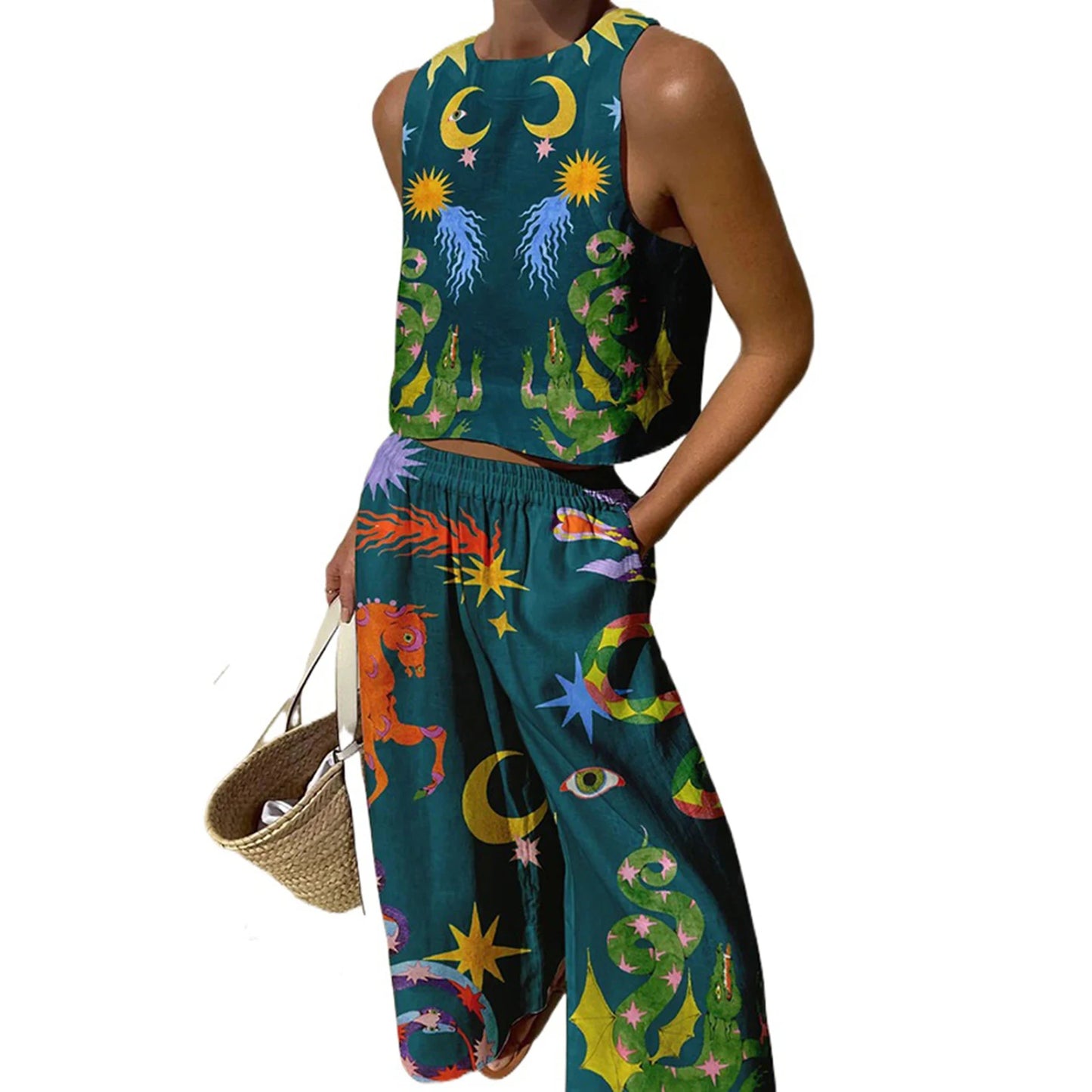Women s Retro Style Crop Top and High Waisted Wide Leg Pants Set with Abstract Print Sleeveless Tank Top and Loose Fit