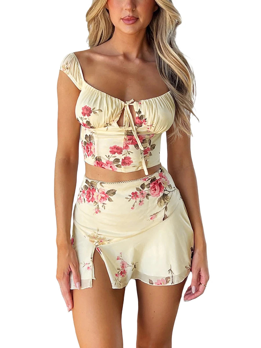 Women s Matching Set Cap sleeve Ruffle Crop Top and High Waisted Shorts Floral Print Summer Outfit