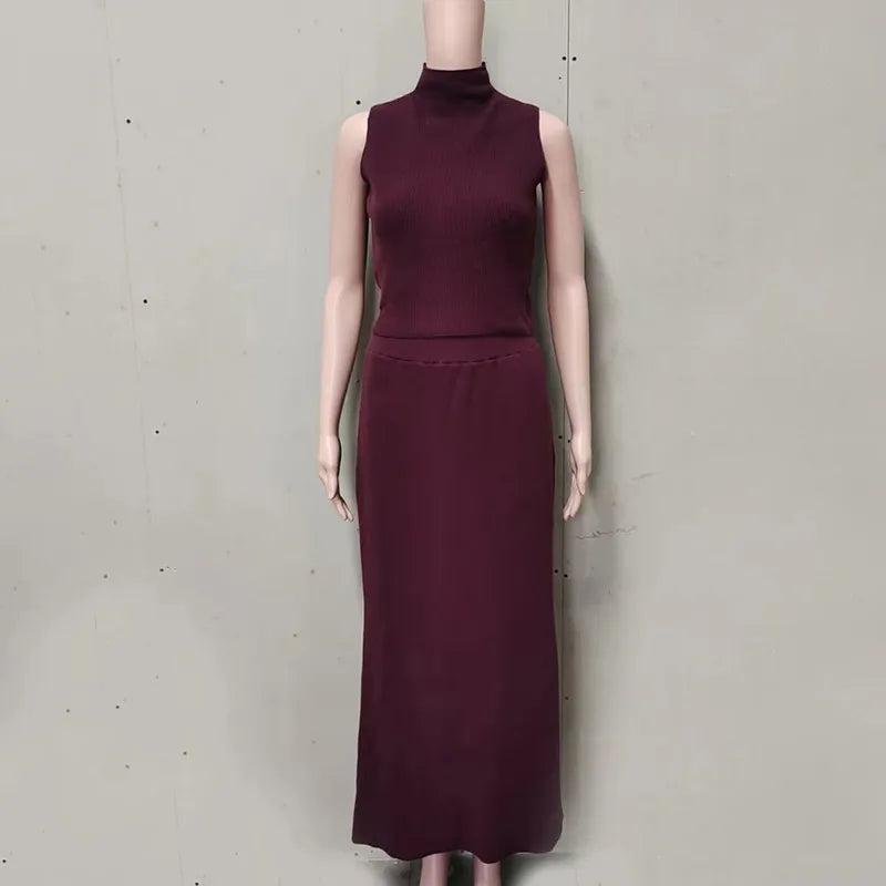 Elegant Long Skirt Two-piece Set Women's Sleeveless Knitted Turtleneck Vest and Skirt Set