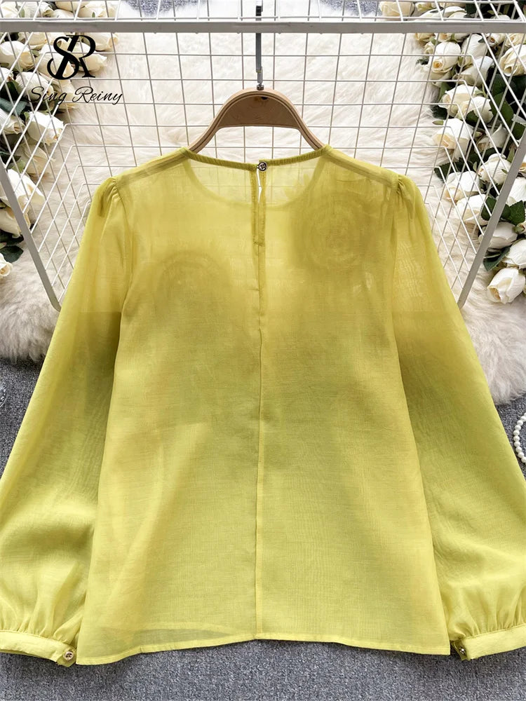 Spring Loose Satin Blouse O Neck Long Sleeves Sheer Bohemian Top