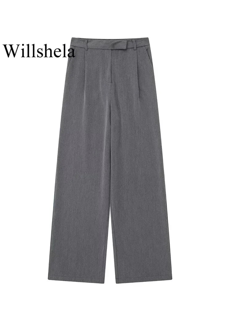Women's Fashion Solid Front Zipper Straight Pants Vintage High Waist Full Length Female Chic Lady Trousers