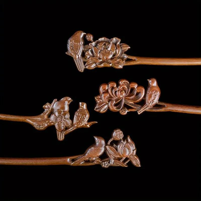Women's Luxurious Wood Carved Hair Accessory Elegant Collar Bird Peony Carving Suitable for Daily Gatherings Solid Wood Hairpin