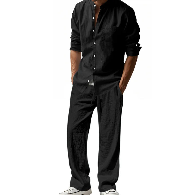 Spring and Summer Men's Suit Linen Casual Loose Breathable Long Sleeves Shirt Trousers 2 pc Set of Beach Vacation Essential