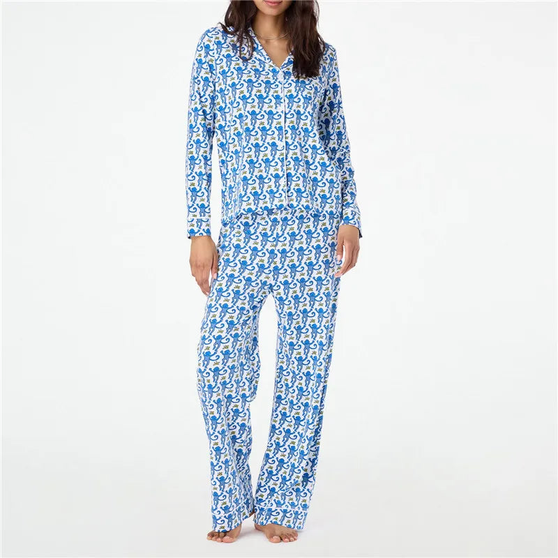 Roller Rabbit Monkey Pajamas Preppy Pjs Pants Sets For Women  Long Sleeve Pajamas Set 2 Piece Loungewear