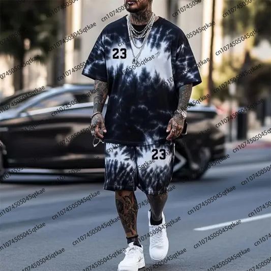 Fashion Tie Dye Basketball No.23 Print Oversized Streetwear Short-Sleeve T-shirt And Shorts Set Summer Breathable Casual 2 Piece
