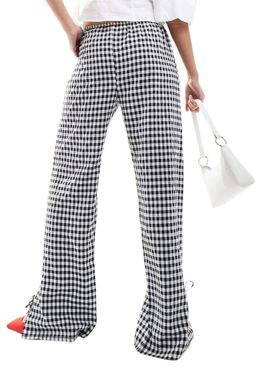 Women s Plaid Print Wide Leg Pants with Slit Detail and Elastic Waistband for a Comfortable and Stylish Look