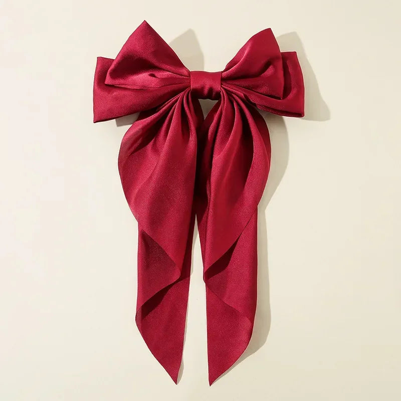 Hair Clips for Women  Big Bowknot Solid Satin Long Ribbon Bows Spring Clamp Barrette