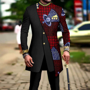 African Style Suits for Men Embroidery Print Blazer and Pants Set Business Dress Suit with Kerchief Party Wedding Evening