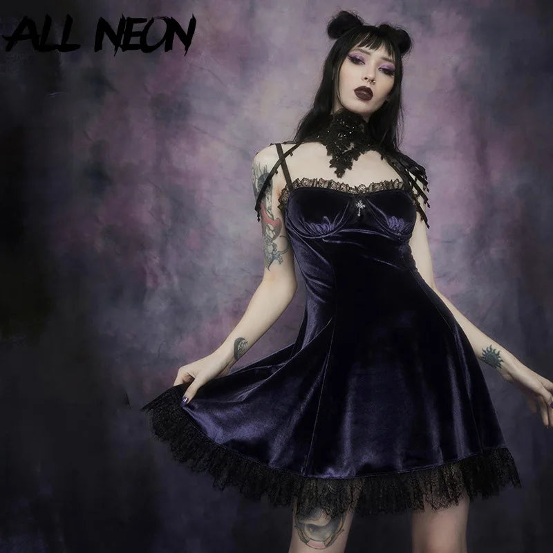 Velvet  Dress with Ruffles and Lace Trim  Spaghetti Strap V-Neck Gown with Bow Detail
