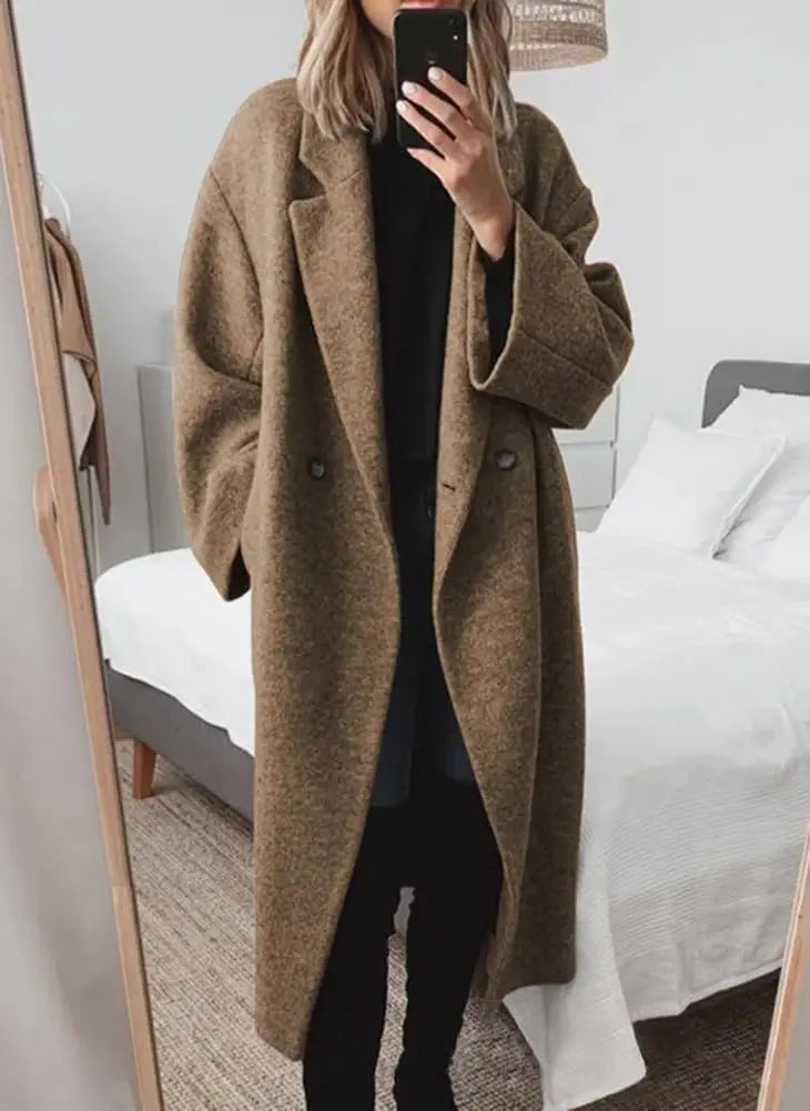 Double Breasted faux wool Coat Long Sleeve Notch Lapel Long Trench Coat