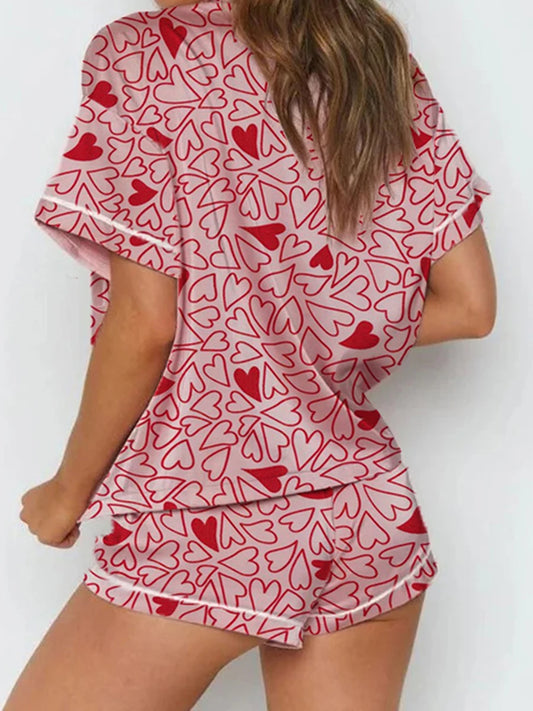 Valentine s Day Silk Pajamas Set with Lace Trim Short Sleeve Heart Floral Print Shirt and Shorts