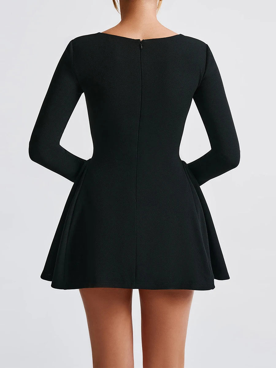 Elegant Solid Color Long Sleeve Dress with Low-Cut Design A-Line Mini Dress for Beach Vacation Cocktail Party