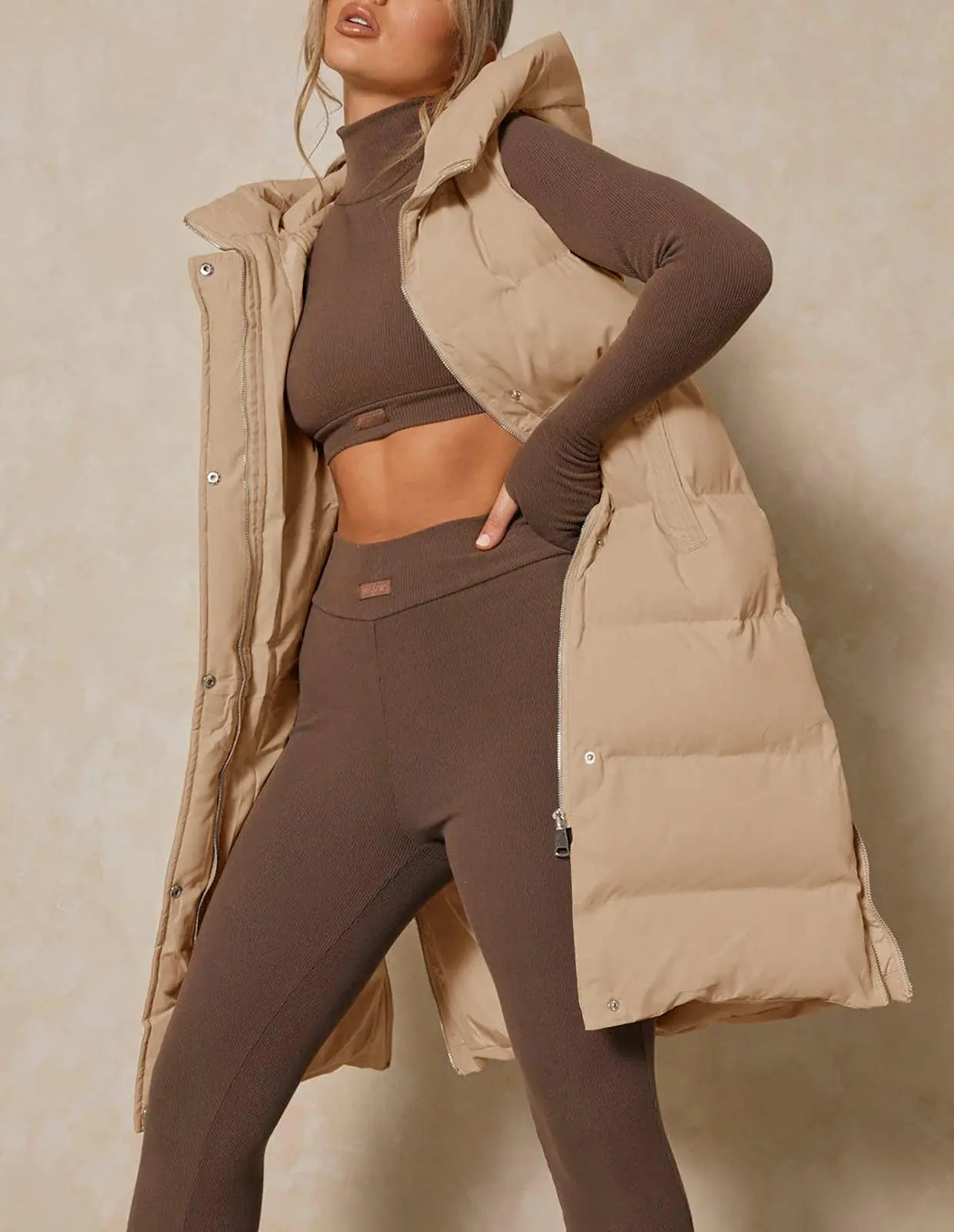 Down Vest with Stand Collar Thick Hooded Sleeveless Long Vest