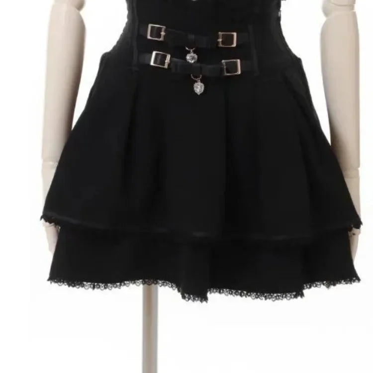 Ruched Double Bow Leather Buckle Slim Waist Skirt