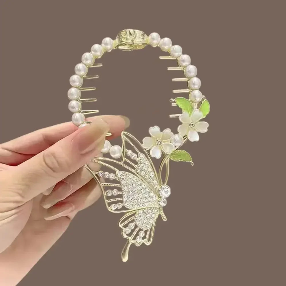 Flower Tassel Hair Clip Women Ladies Butterfly Rhinestone Pearl Metal Hair Claw Round Bun Ponytail Holder Hair Accessories