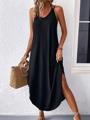 Solid Color Curvy Hem Tank Dress, Sexy Sleeveless Strap Loose Maxi Dress, Women's Clothing