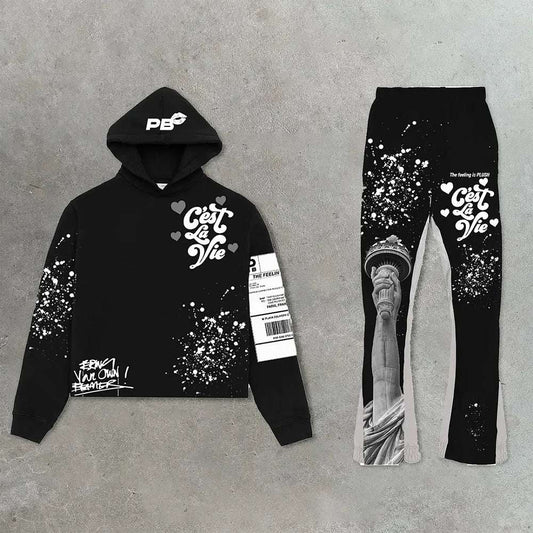 Autumn/Winter Hoodie Suit Flared Trousers Oversized Men's clothing  Fashion Trend High Street Pants Casual Sets