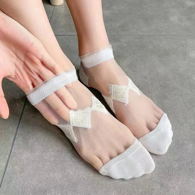 5 Pairs/Lot Summer Short Women White Socks Low  Cool Socks Set Cute Print Ankle Foot Cover Fashion