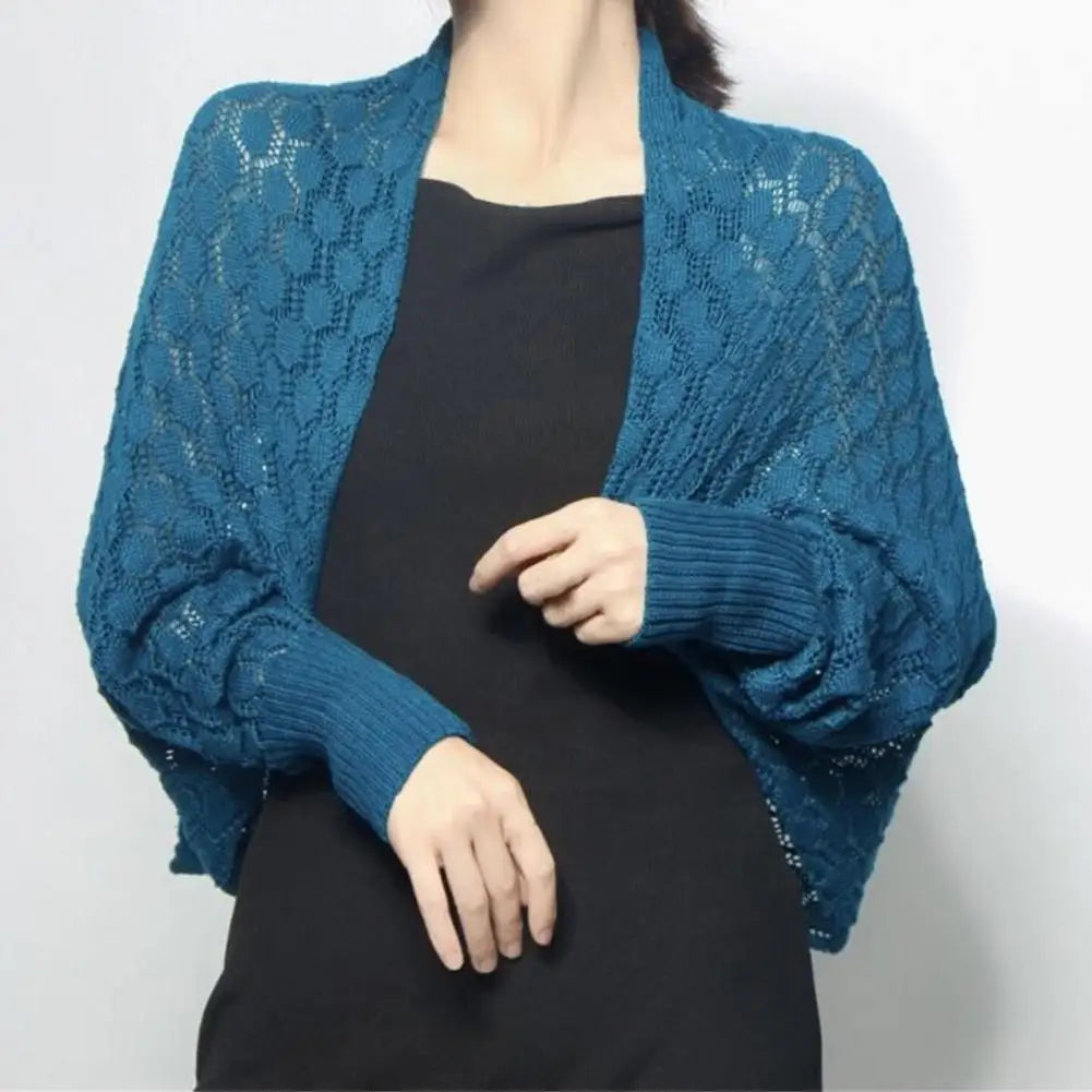 Women Shawl Long Sleeve Soft Fabric Cardigan Open Stitch  Solid Color See-through Hollow Out