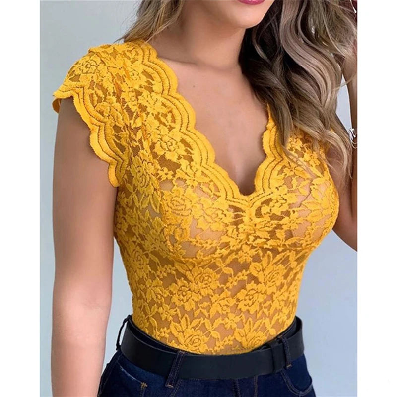 Women Tops Summer Sexy Lace Crochet  Casual Solid Color Trend Lace Hollow Out Top For Ladies