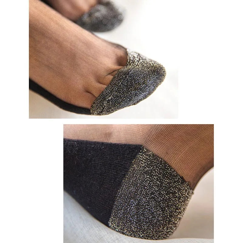 3 Pairs Spring Summer Women's Ultrathin Transparent Socks Glitter Crystal Glass Silk Socks Soft Lace Shiny Elastic Short Socks