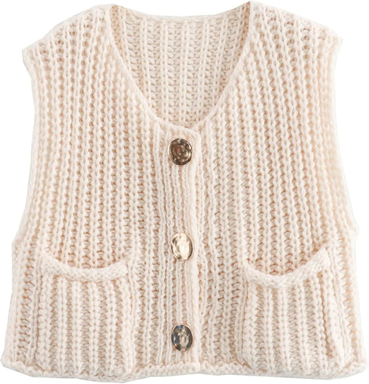Crochet Chunky Knit Top Sleeveless Button Down Crop Tops Trendy Cardigan Sweater Vest for Women with Pockets