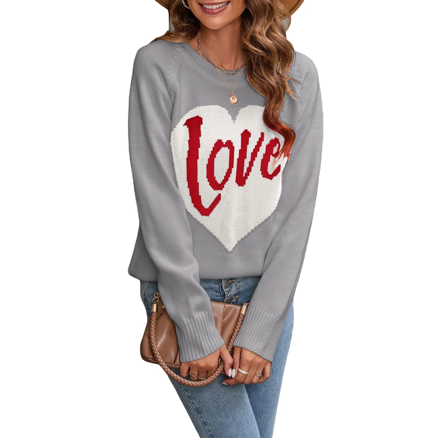 Women s Valentine s Day Heart Patterned Knit Pullover Sweater with Round Neck and Long Sleeves Cozy Loose Fit Casual