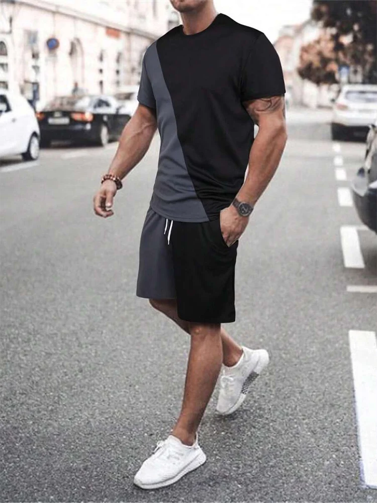 Two Piece Suit Men's Casual Pattern Printed Short Sleeve T-shirt and Sports Shorts Set Sports Set Fitness